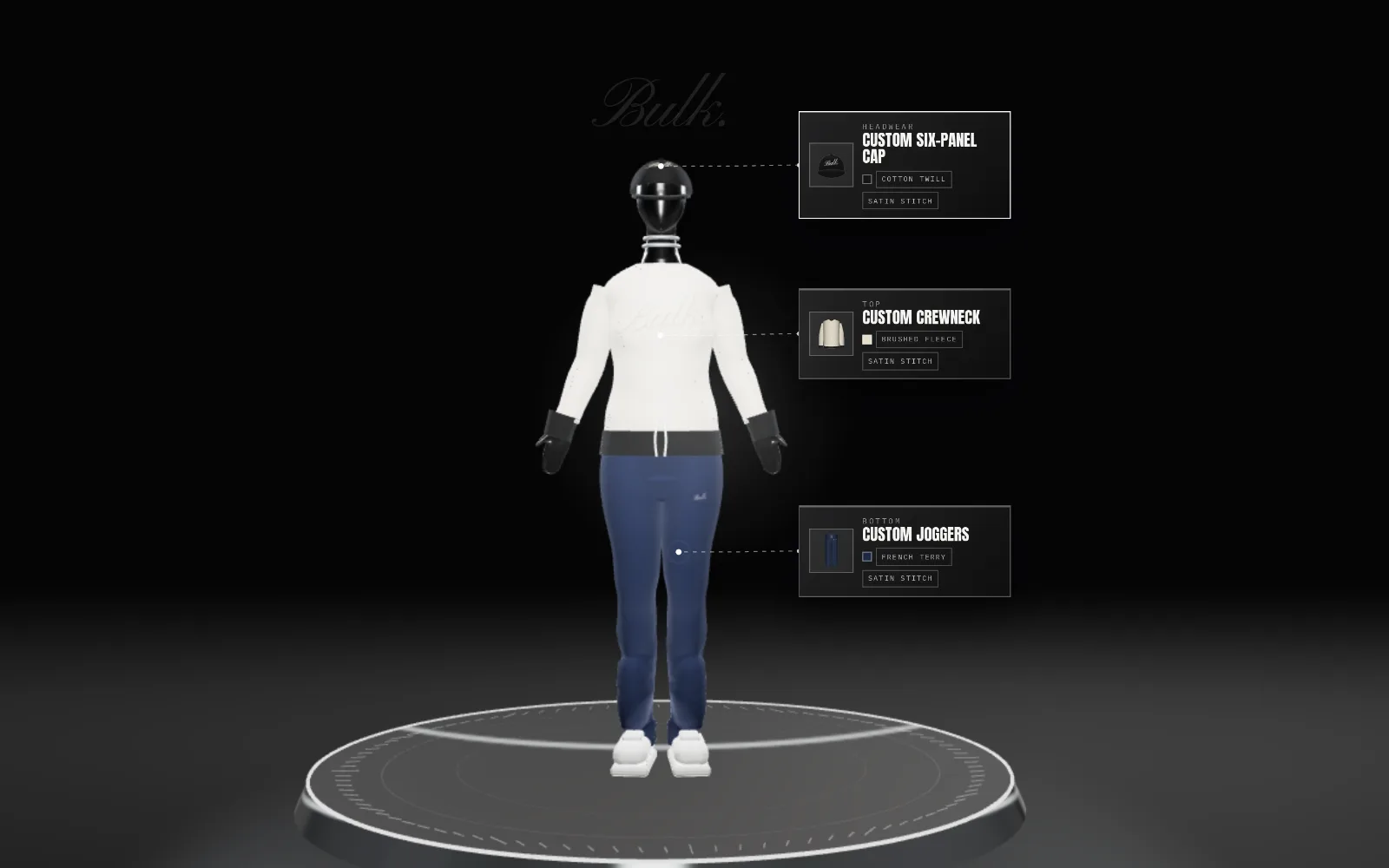 Le studio BULK. : un mannequin 3D sur un plateau en verre, avec une casquette, un sweat col rond crème et un jogging marine
